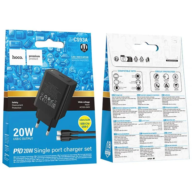 МЗП Hoco CS93A Leader PD20W + кабель Type-C to Type-C Black — фото 2