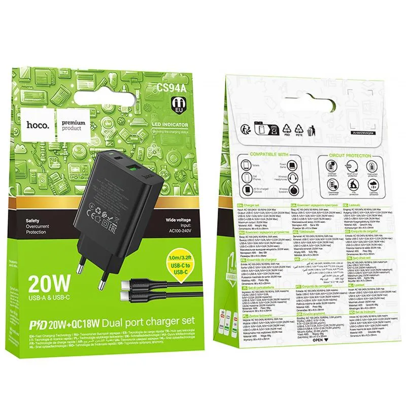 МЗП Hoco CS94A Leader PD20W+QC3.0 + кабель Type-C to Type-C Black — фото 2
