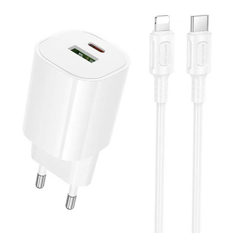 МЗП Borofone BA104A Pudding PD20W+QC3.0 + кабель Type-C to Lightning White