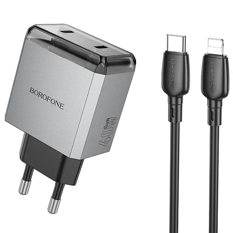 МЗП Borofone BN21 Lena PD40W+QC3.0 + кабель Type-C to Lightning Metal gray