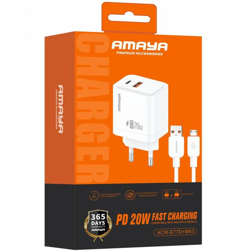 МЗП Amaya E77D PD20W+QC3.0 + кабель USB to MicroUSB White — фото 2