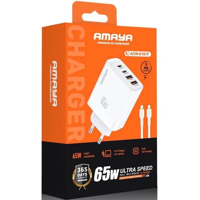 МЗП Amaya E101F PD65W+QC3.0 GaN + кабель Type-C to Type-C White — фото 2