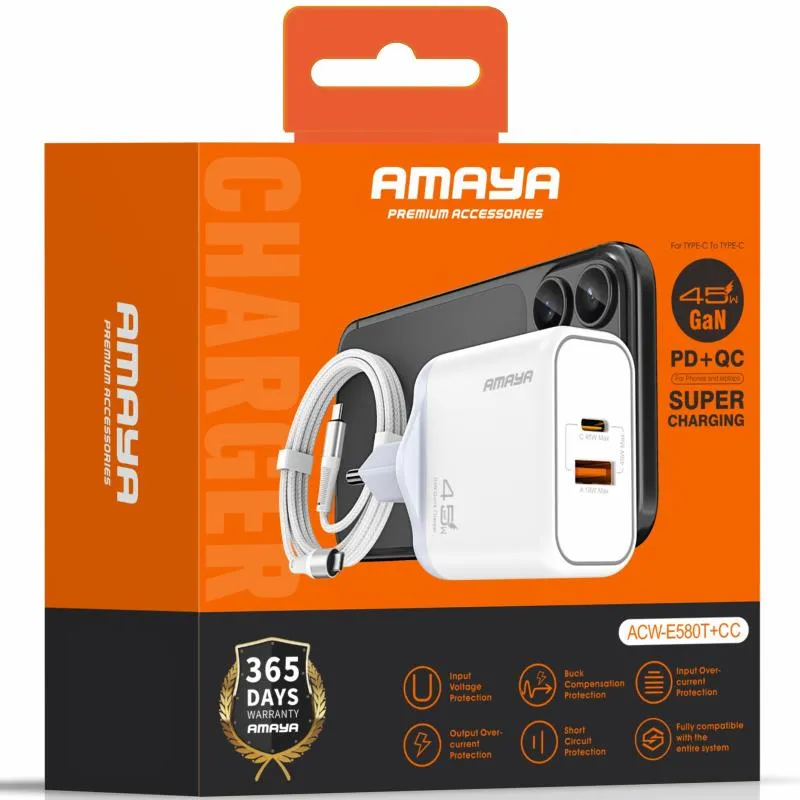 МЗП Amaya E580T PD45W+QC3.0 GaN + кабель Type-C to Type-C White — фото 2
