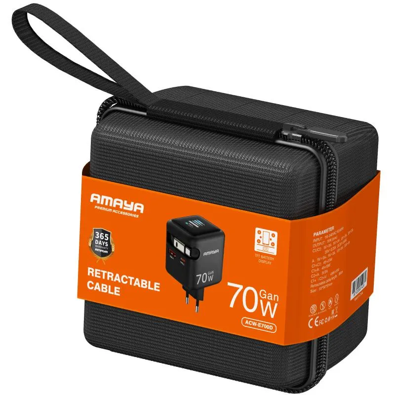 МЗП Amaya E700D PD70W+QC3.0 GaN + Retractable Cable Type-C Black — фото 2