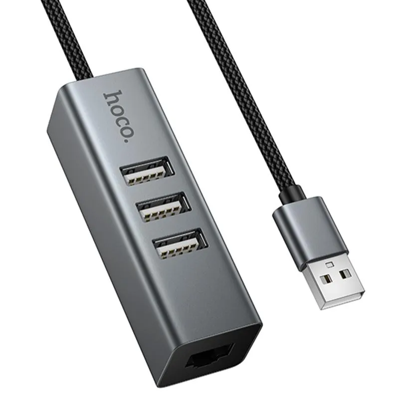 Перехідник HUB Hoco HB1D 4in1 (USB to USB2.0*3+RJ45) Metal gray