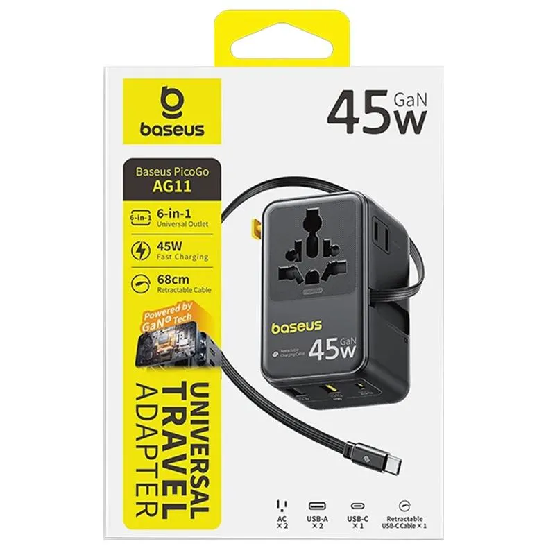 Мережевий універсальний перехідник Baseus AG11 45W with retractable cable Cosmic Black — фото 2