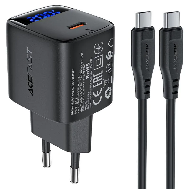 МЗП Acefast A113 PD20W GaN + кабель Type-C to Type-C Black