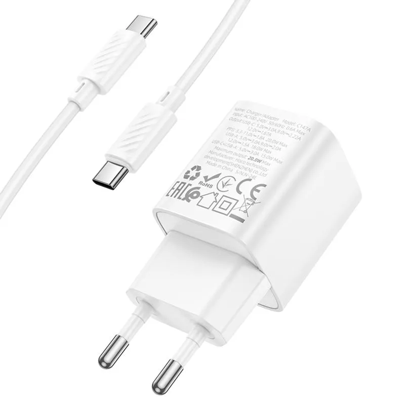 МЗП Hoco C147A PD20W+QC3.0 + кабель Type-C to Type-C White — фото 7
