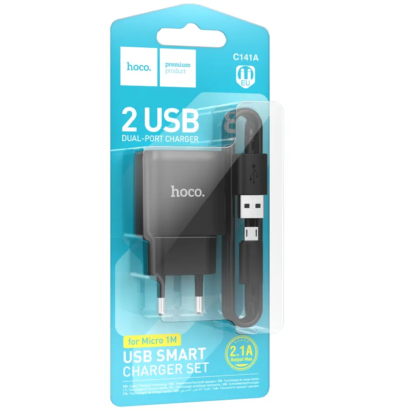 МЗП Hoco C141A Smart 2.1A + кабель USB to MicroUSB Black — фото 2