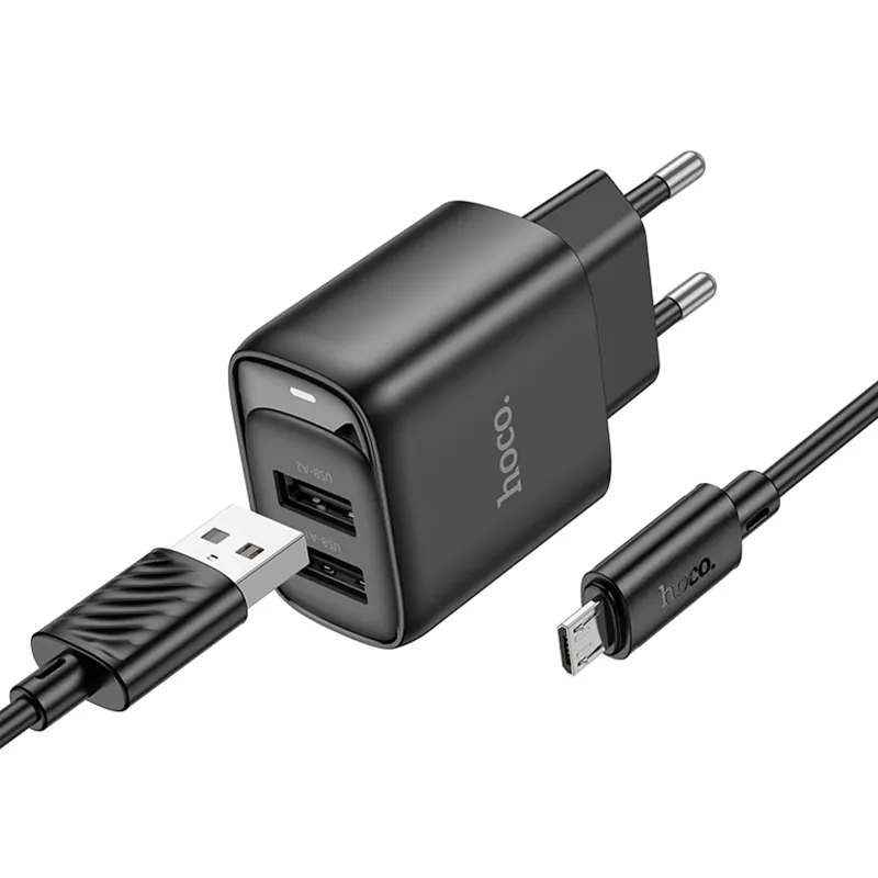 МЗП Hoco C141A Smart 2.1A + кабель USB to MicroUSB Black — фото 3