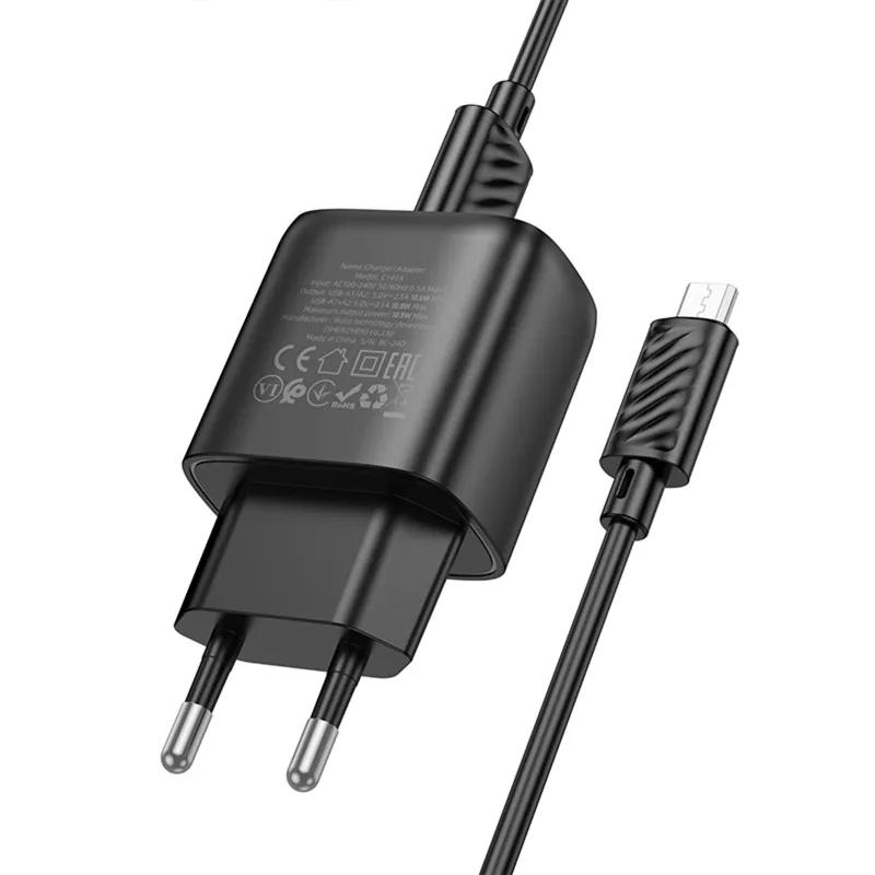 МЗП Hoco C141A Smart 2.1A + кабель USB to MicroUSB Black — фото 5