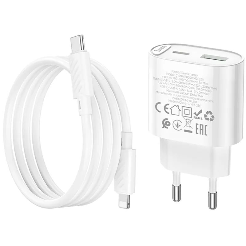МЗП Hoco C109A Fighter PD20W+QC3.0 + кабель Type-C to Lightning White — фото 6