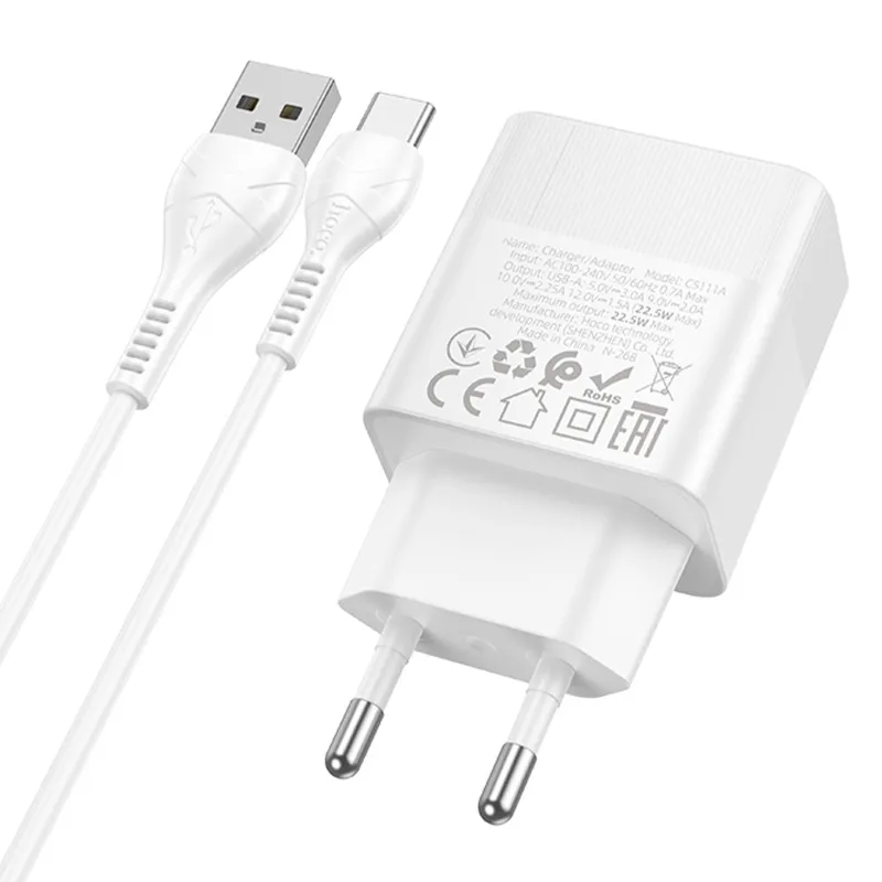 МЗП Hoco CS111A Lounge QC3.0 22.5W + кабель USB to Type-C White — фото 3