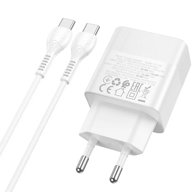 МЗП Hoco CS112A Lounge PD30W+QC3.0 + кабель Type-C to Type-C White — фото 3