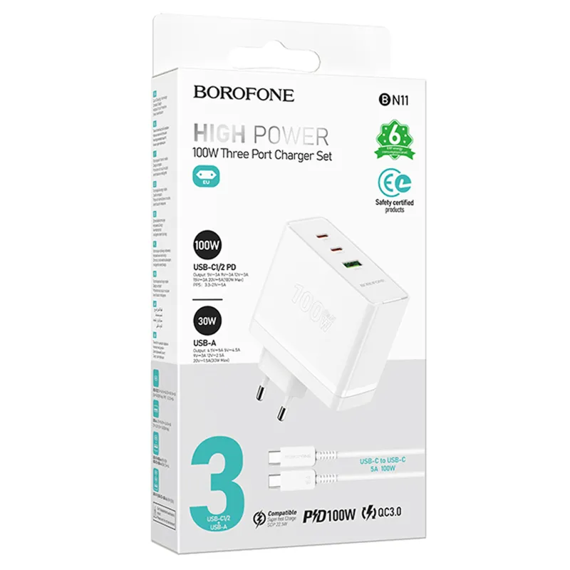 МЗП Borofone BN11 Imperial PD100W+QC3.0 + кабель Type-C to Type-C White — фото 2