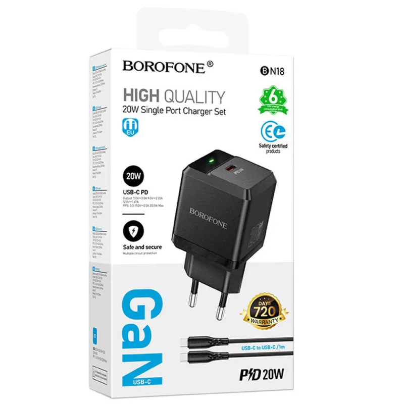 МЗП Borofone BN18 Intenso PD20W + кабель Type-C to Type-C Black — фото 2