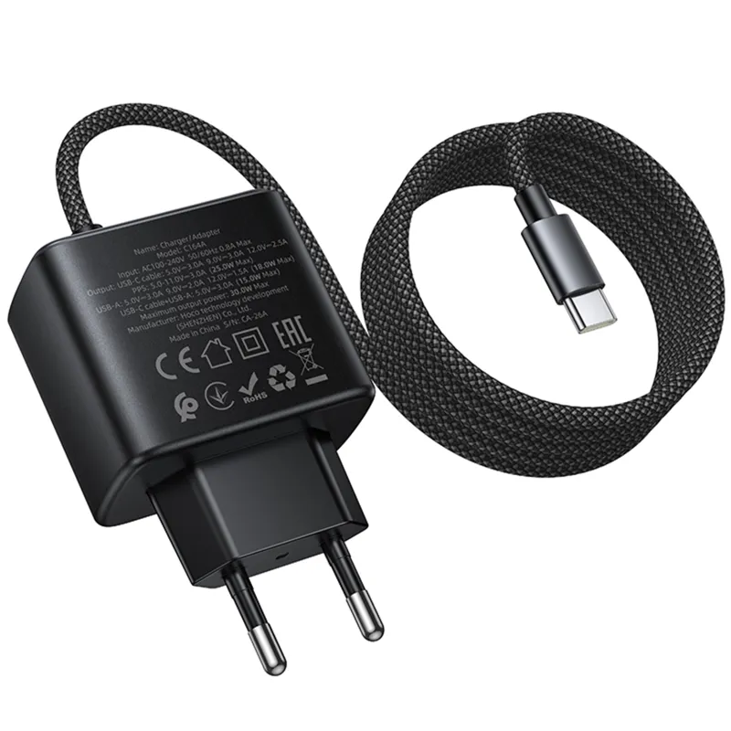МЗП Hoco C164A New PD30W+QC3.0 + встроенный кабель Type-C Black — фото 3