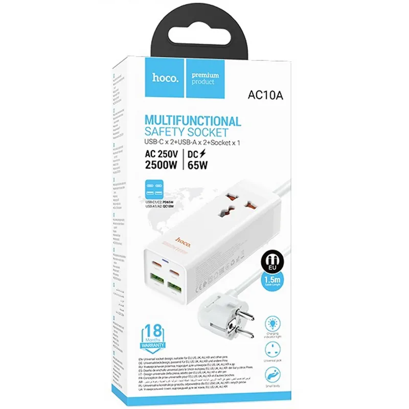 Подовжувач Hoco AC10A Talent PD65W+QC3.0 White — фото 5