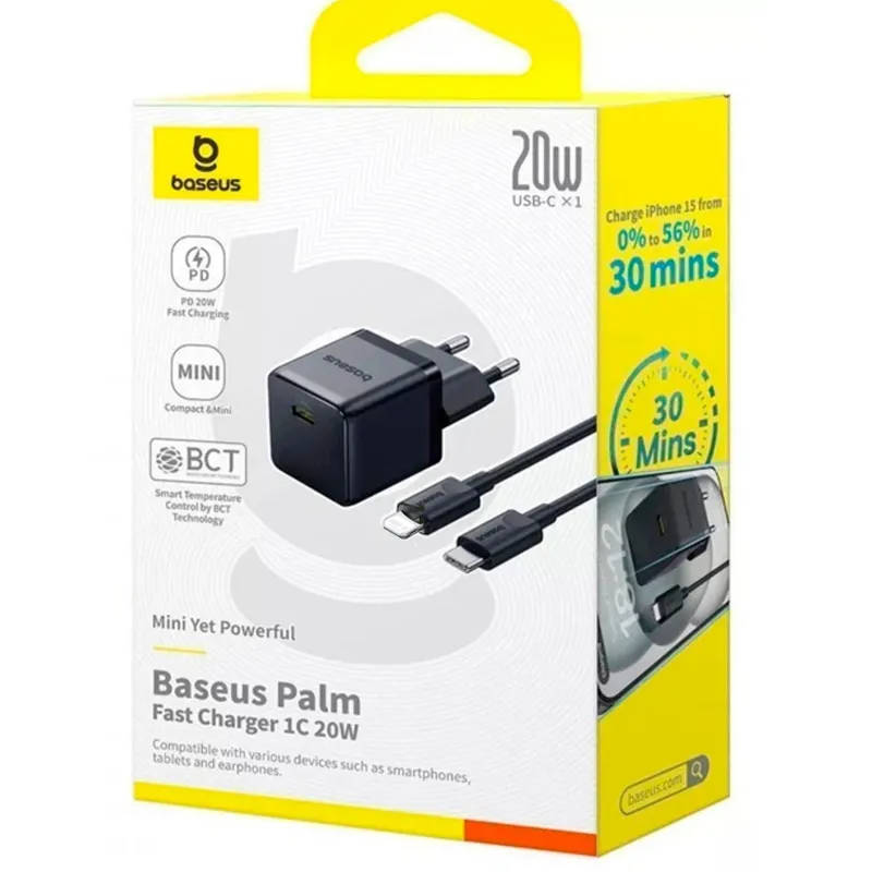 МЗП Baseus Palm Fast Charger 20W + кабель Type-C to Lightning Cluster Black — фото 3