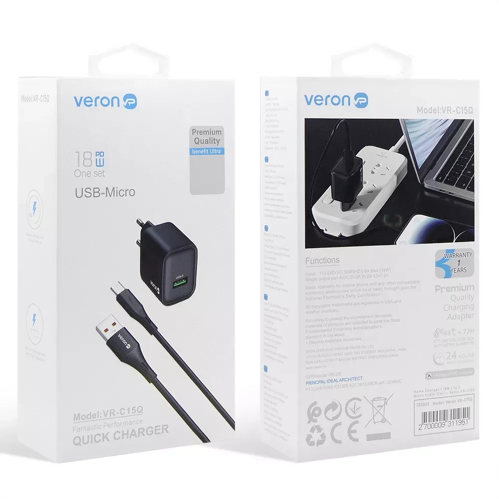 Home Charger | 18W | 1U | Micro Cable — Veron VR-C15Q — фото 3