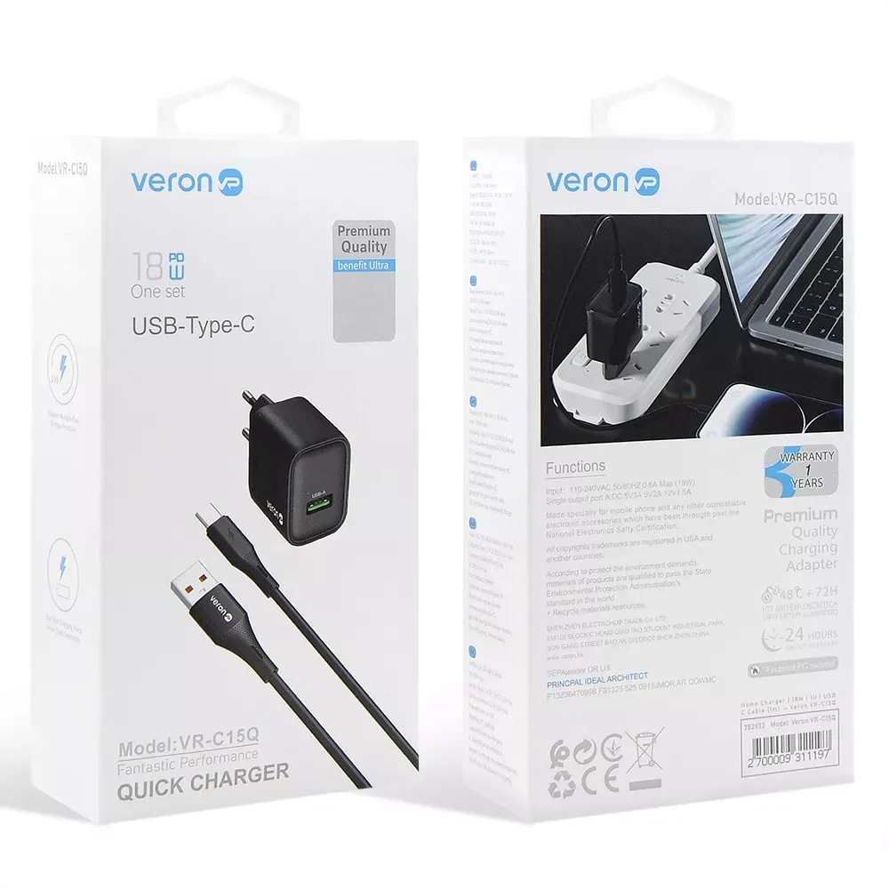 Home Charger | 18W | 1U | USB C Cable — Veron VR-C15Q — фото 3