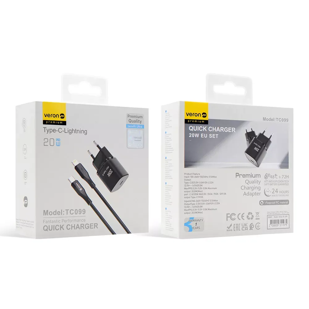 Home Charger | 20W PD | Type C To Lightning Cable — Veron TC-099 — фото 3