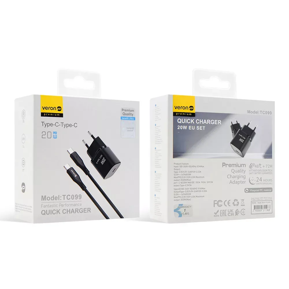 Home Charger | 20W PD | Type C To Type C Cable — Veron TC-099 — фото 3