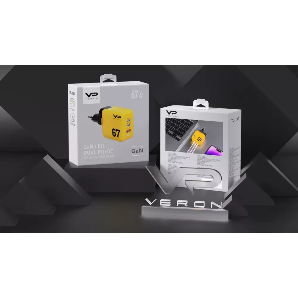 Home Charger | 67W | GaN | PPS | 2 PD | QC3.0 LED — Veron TC-67 — фото 11