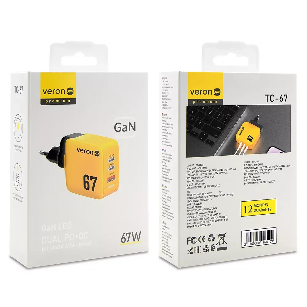 Home Charger | 67W | GaN | PPS | 2 PD | QC3.0 LED — Veron TC-67 — фото 3