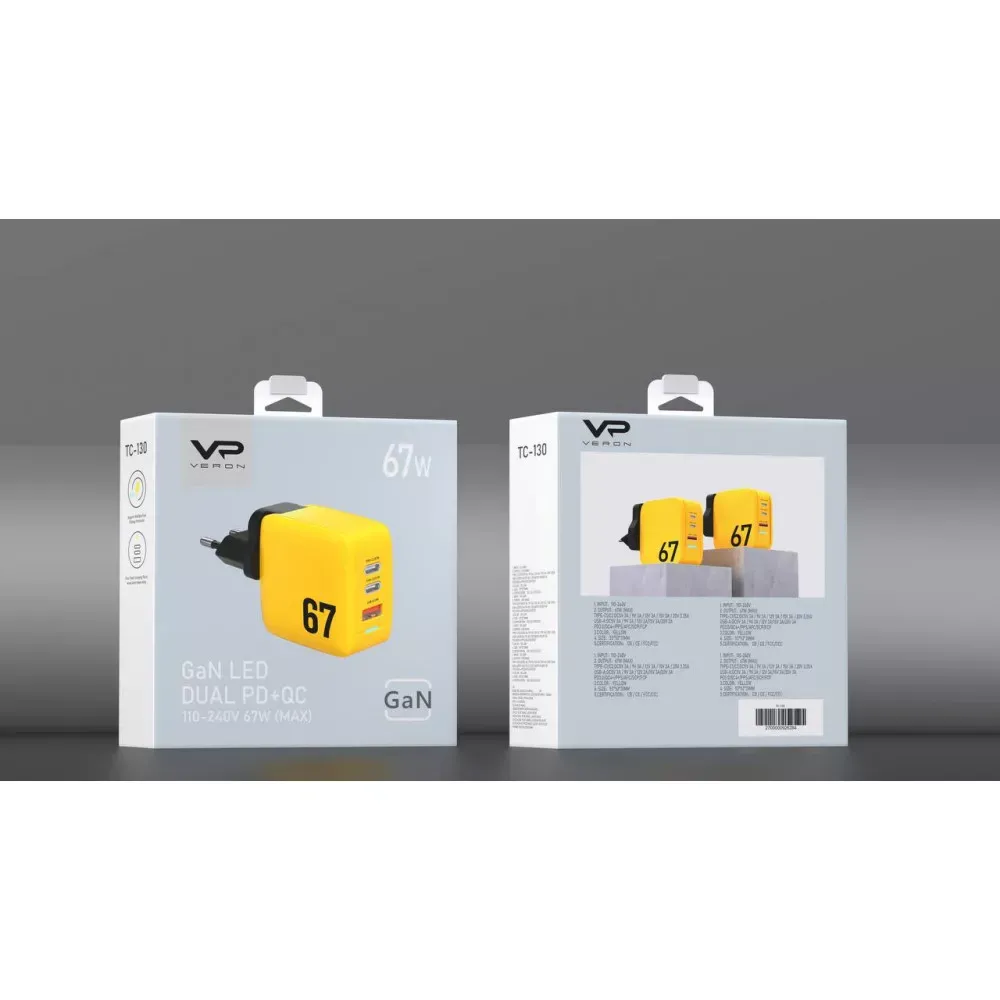 Home Charger | 67W | GaN | PPS | 2 PD | QC3.0 LED — Veron TC-67 — фото 5