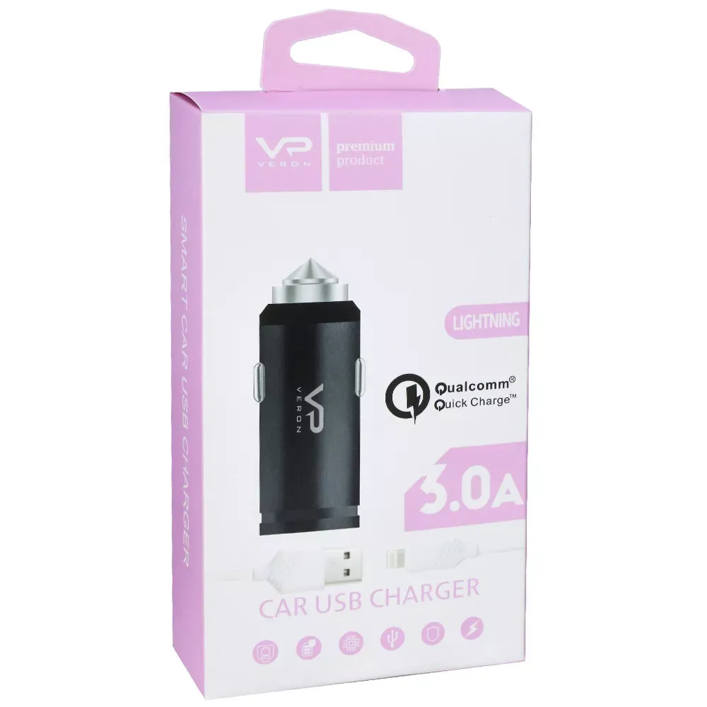 Car Charger 3.0A QC3.0 Lightning Cable Veron T05L Metal — фото 3