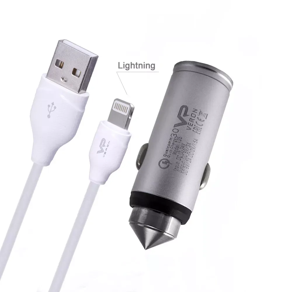 Car Charger 3.0A QC3.0 Lightning Cable Veron T05L Metal — фото 4