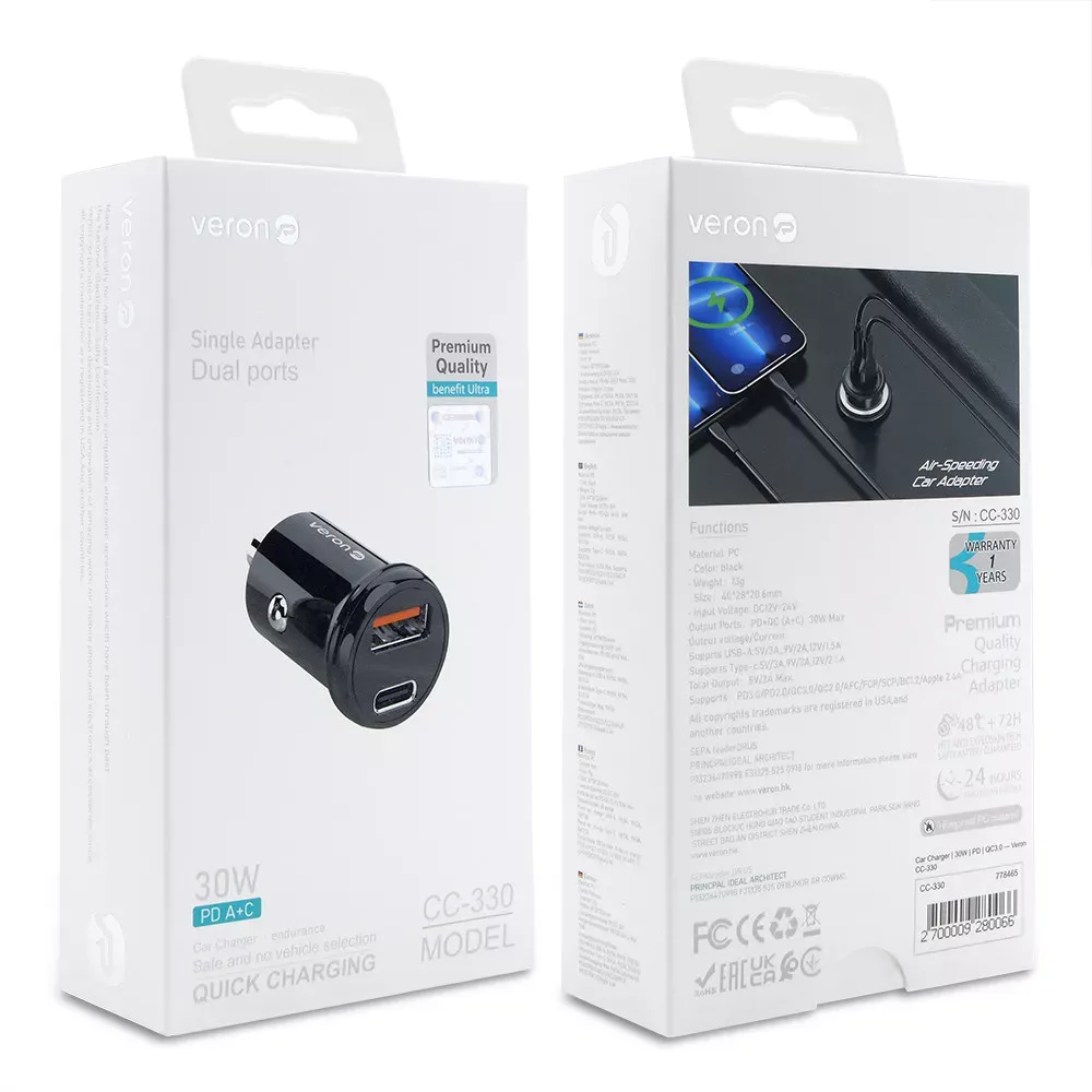 Car Charger 30W PD QC3.0 Veron CC-330 — фото 3
