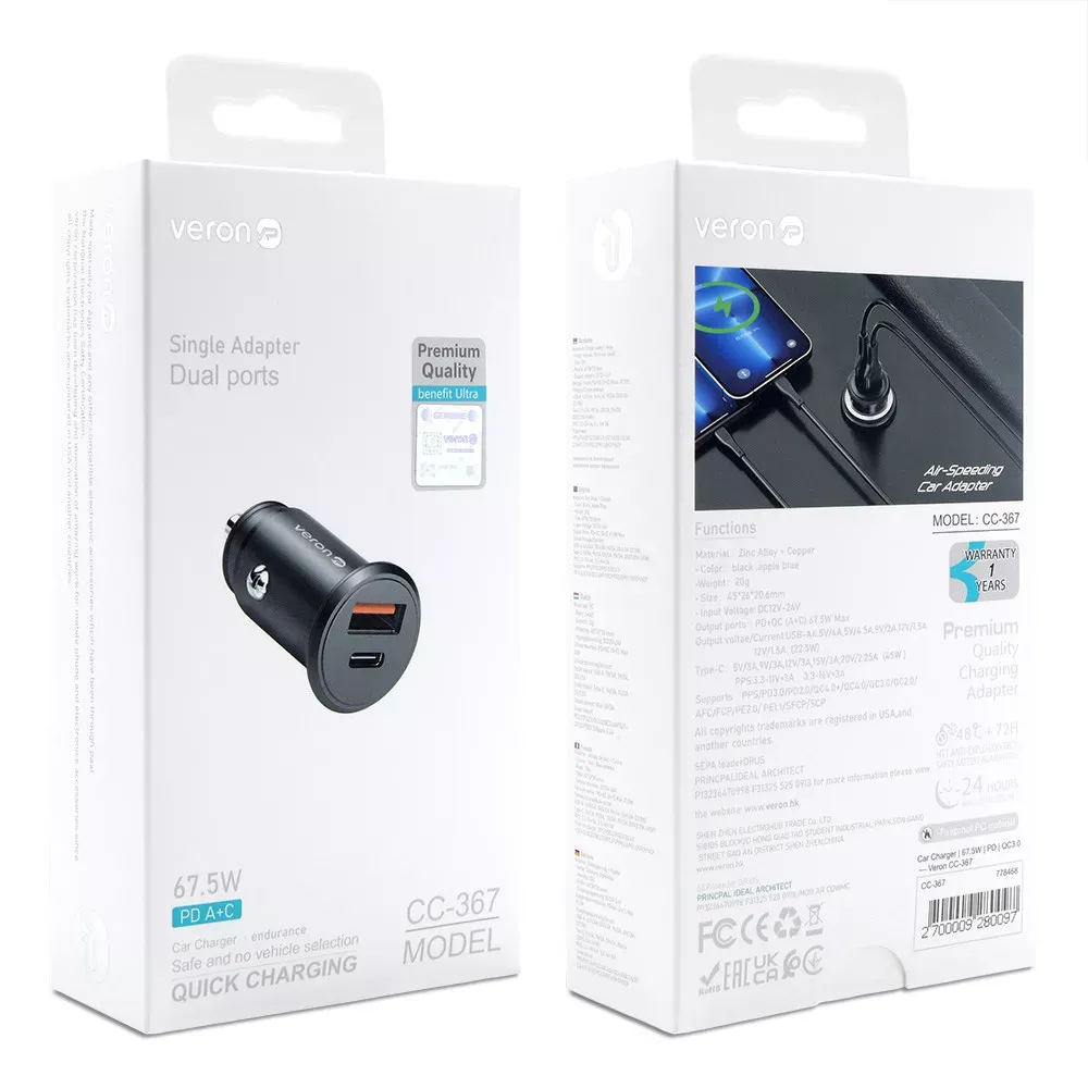 Car Charger 67.5W PD QC3.0 Veron CC-367 — фото 3
