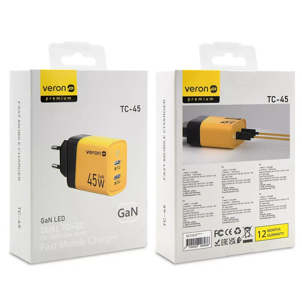Home Charger | 45W | GaN | PPS | 2 PD | LED — Veron TC-45 — фото 3