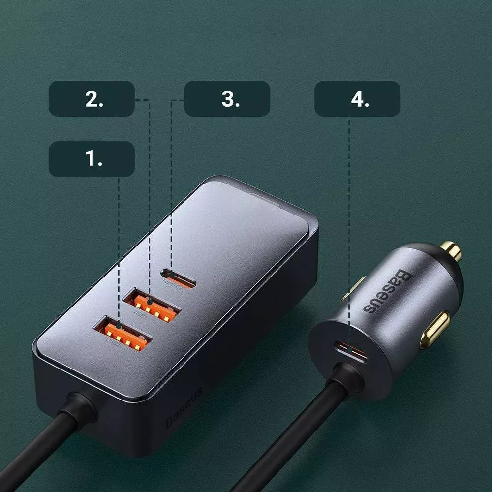 Car Charger 120W 2U 2C Extension Cord Baseus (CCBT-A0G) Share Together PPS multi-port Fast charging Gray — CCBT-AOG Gray - фото 8