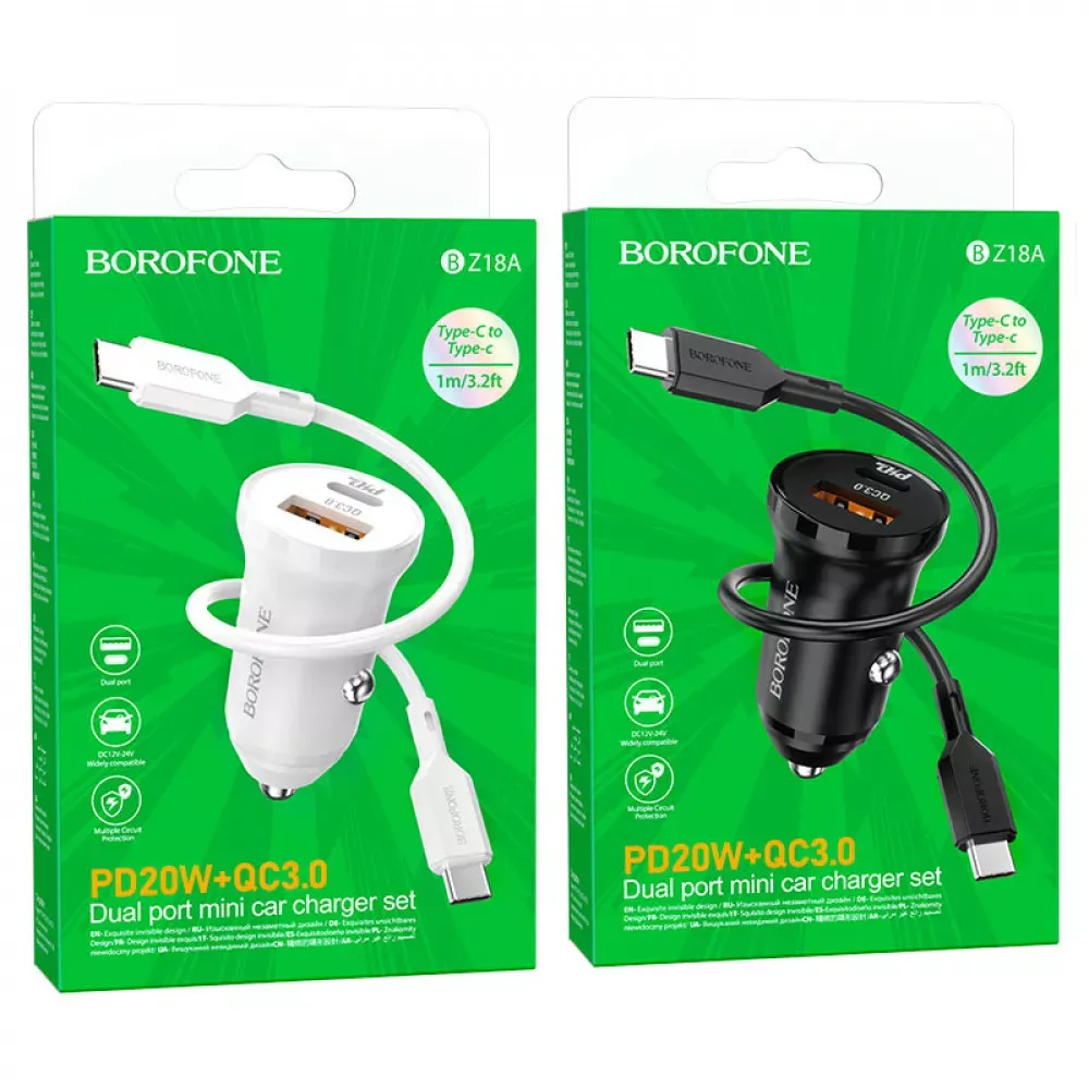 Car Charger 20W PD QC3.0 USB C Cable Borofone BZ18A — Black — фото 3