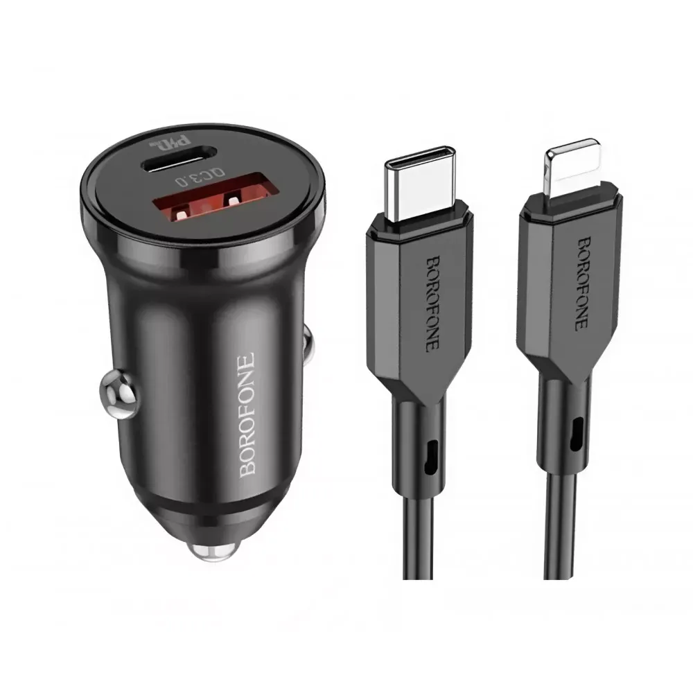 Car Charger 20W PD QC3.0 C to Lightning Cable (1m) Borofone BZ18A — Black — Borofone
