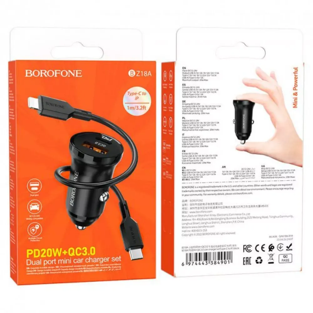 Car Charger 20W PD QC3.0 C to Lightning Cable Borofone BZ18A — Black — фото 3