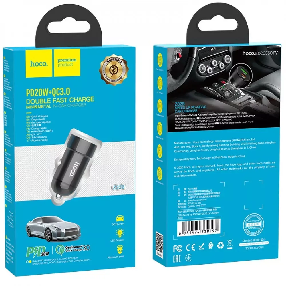 Car Charger 20W PD QC3.0 Hoco Z32B — Black — фото 3
