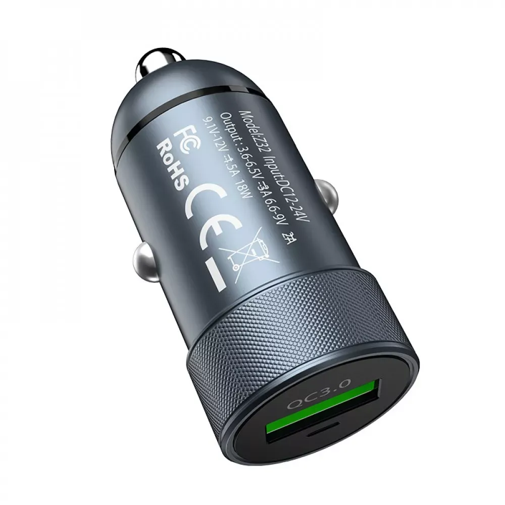 Car Charger 3.0A QC3.0 Hoco Z32 — Metal Gray - фото 8