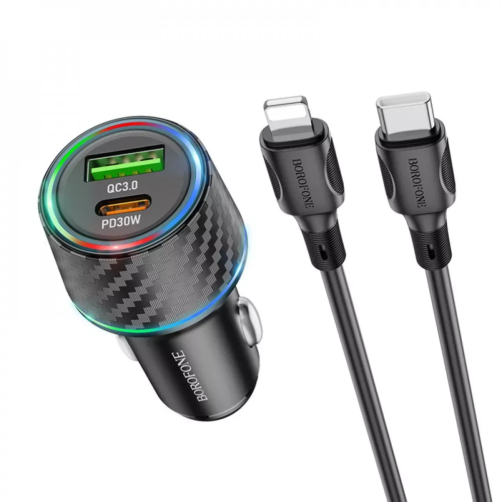 Car Charger 30W PD QC3.0 C to Lightning Cable (1m) Borofone BZ21 __ — Black — Borofone