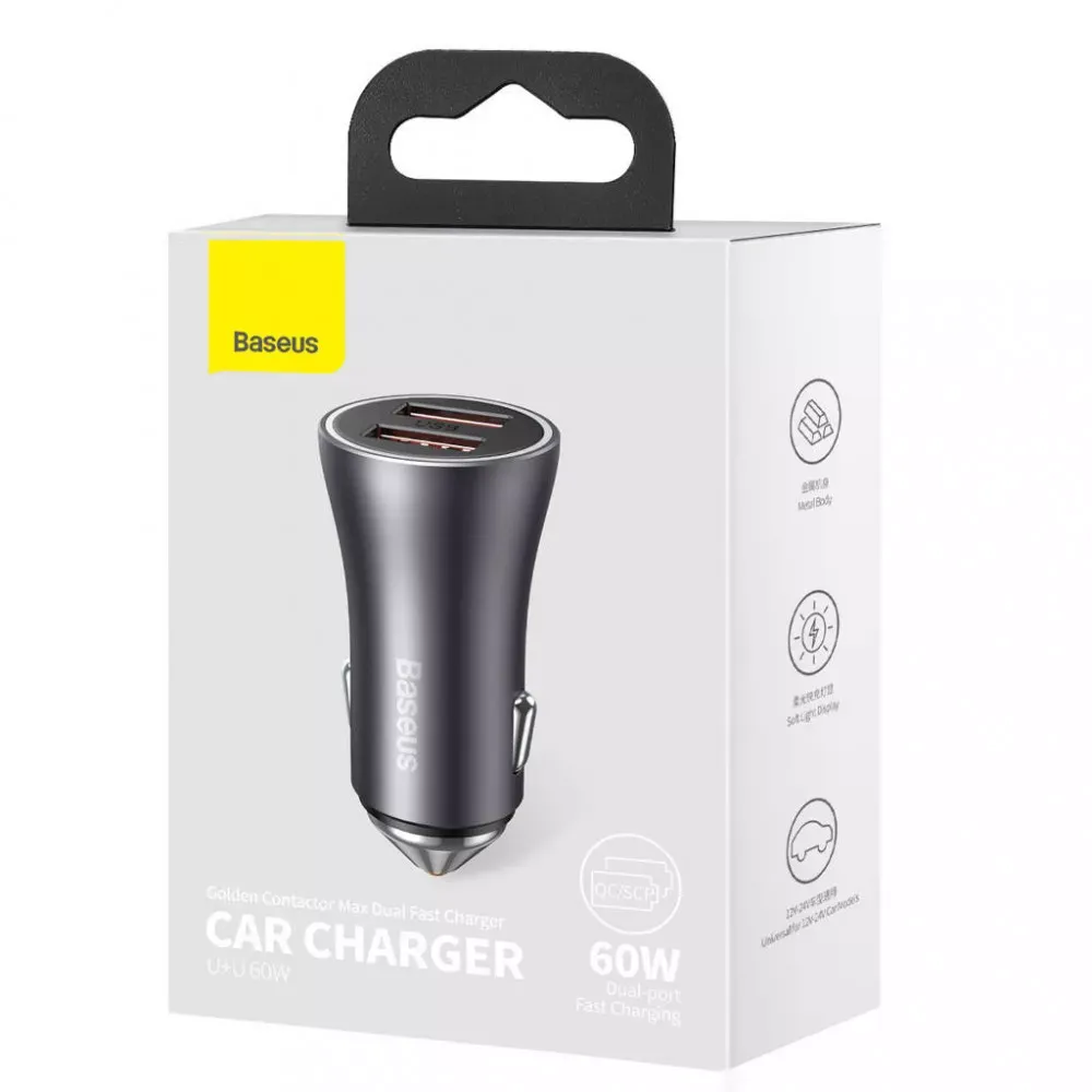 Car Charger 60W 2U Baseus (CGJM0000) Golden Contactor Max Dual Fast Charger — CGJM000013 Dark Gray - фото 3