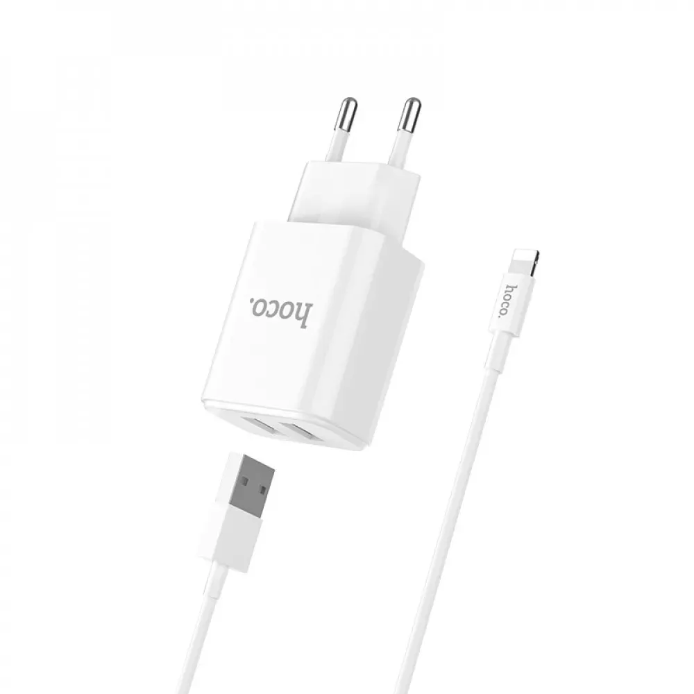 Home Charger 2.1A 2U Lightning Cable (1m) Hoco C62A White - фото 6