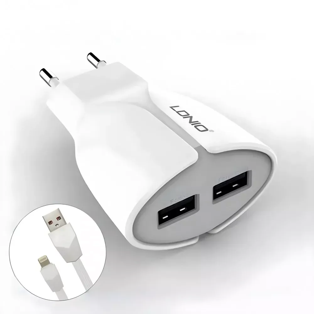 Home Charger 2.1A 2U Lightning Cable (1m) Ldnio A2271 White — LDNIO