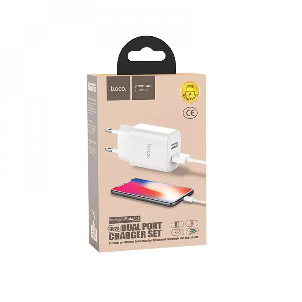Home Charger 2.1A 2U Micro Cable (1m) Hoco C62A White - фото 3