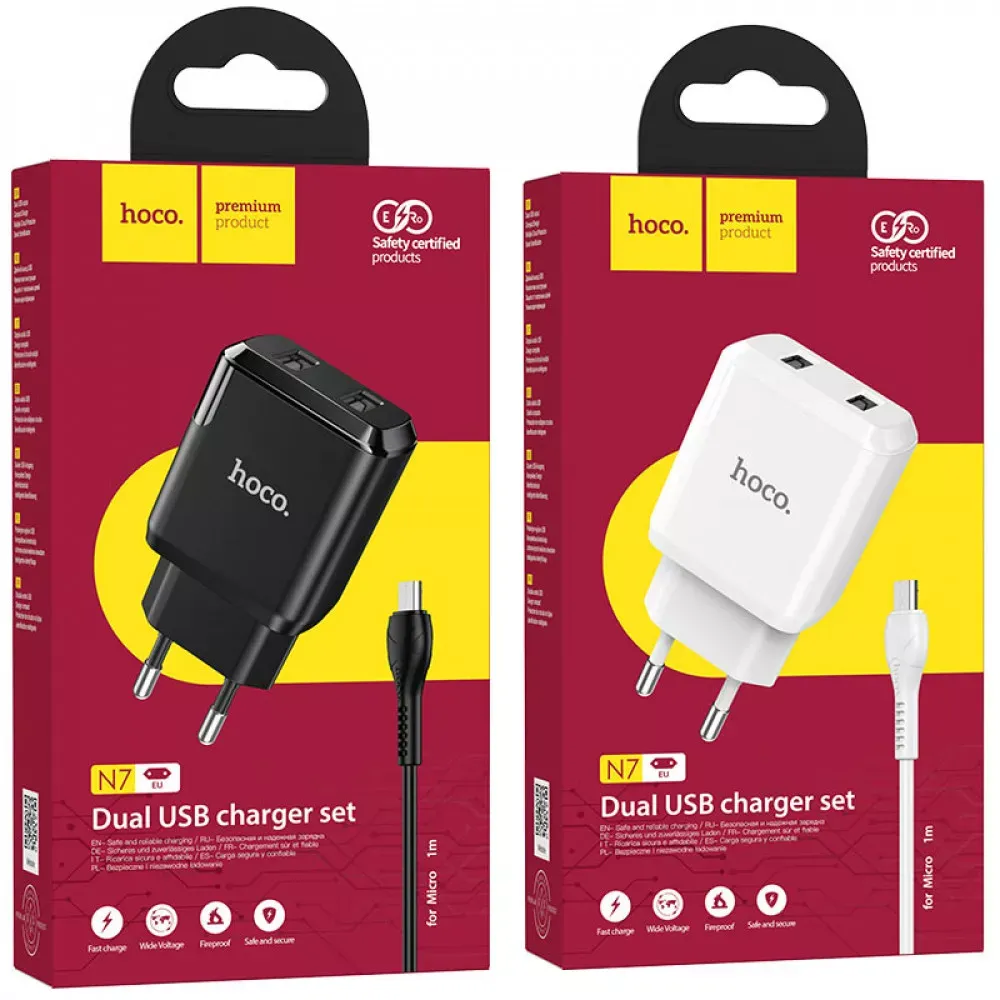 Home Charger 2.1A 2U Micro Cable (1m) Hoco N7 — Black - фото 9