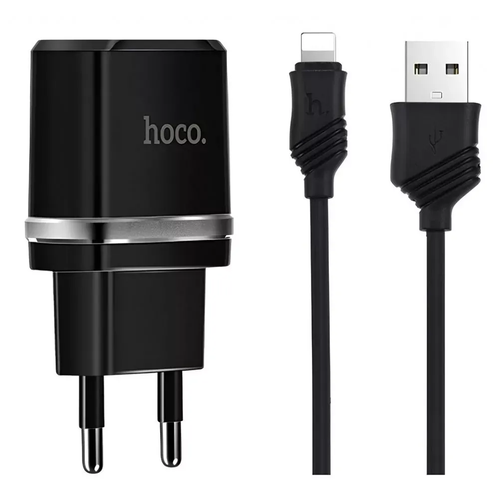 Home Charger 2.4A 2U Lightning Cable (1m) Hoco C12 Black — Black — Hoco