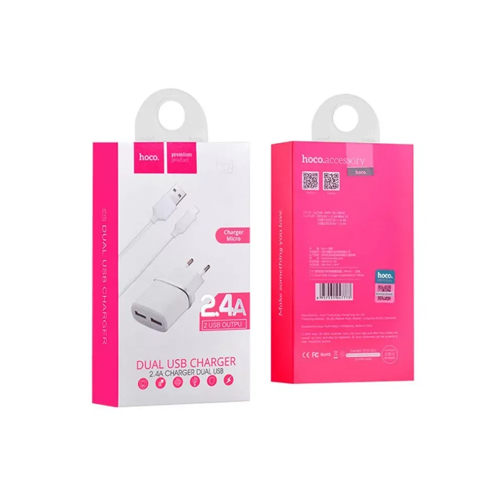 Home Charger 2.4A 2U Lightning Cable (1m) Hoco C12 Black — White - фото 3