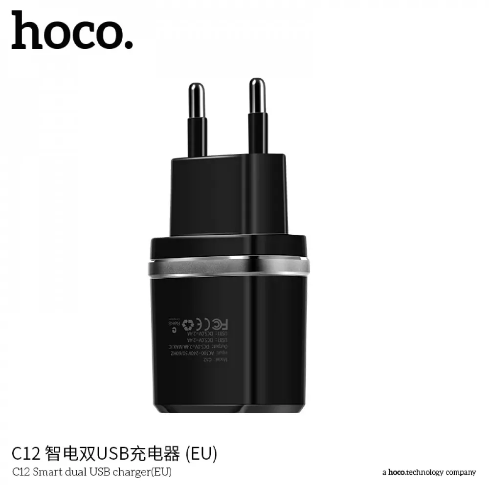 Home Charger 2.4A 2U Lightning Cable (1m) Hoco C12 Black — White - фото 5